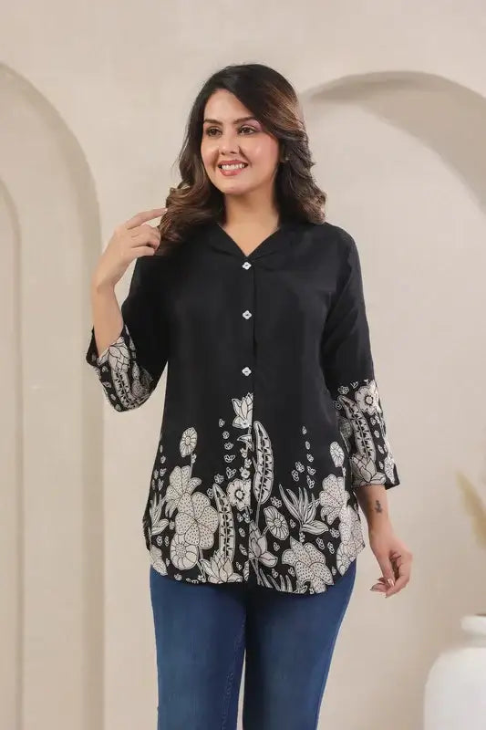 Black Floral Border Print Russian Silk Top