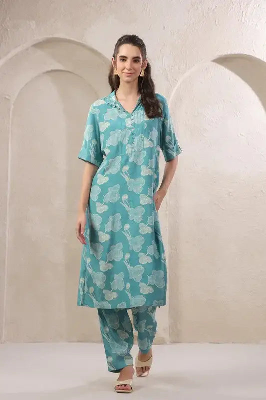 Frosted Petals Blue Russian Silk Co-ord Set