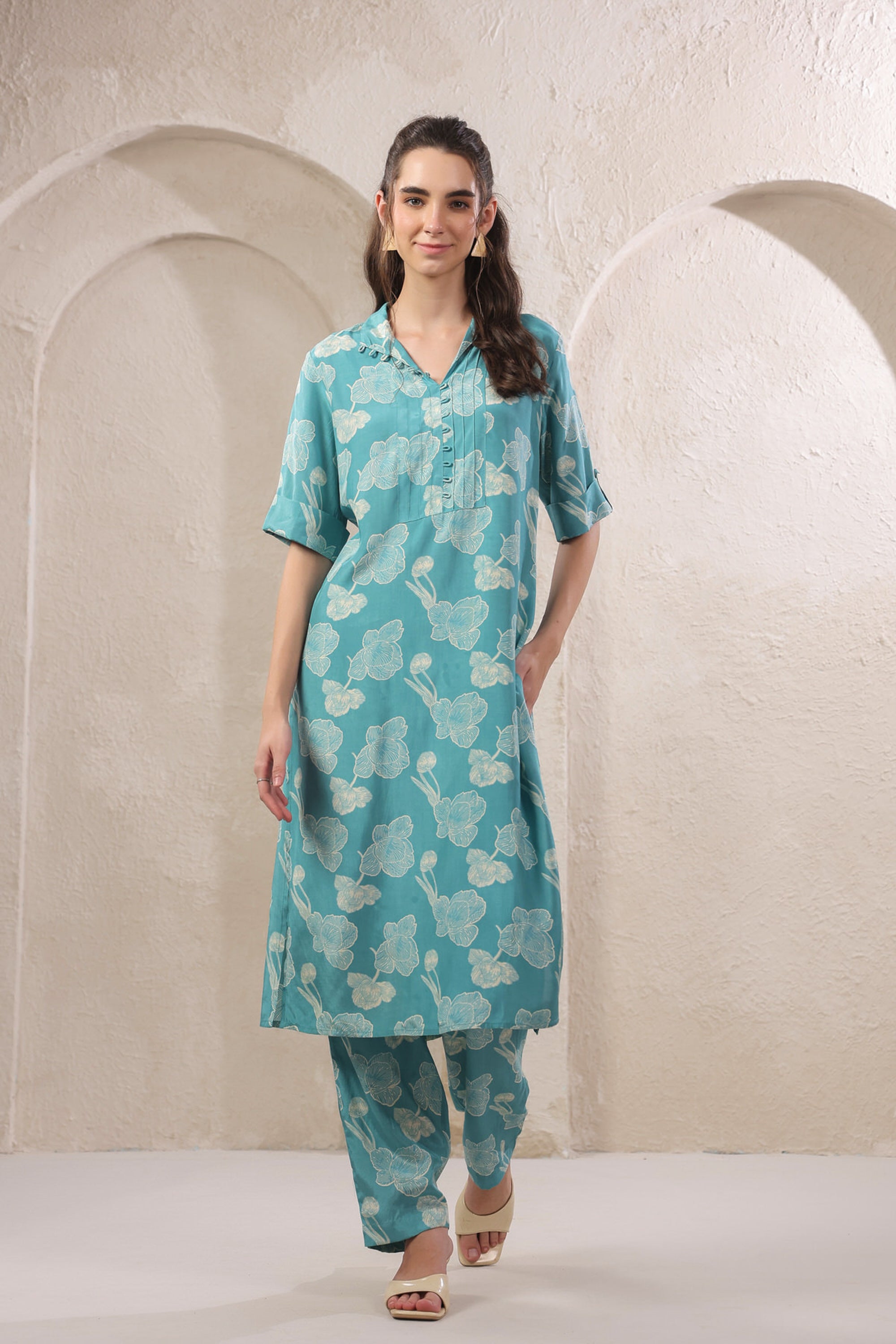 Frosted Petals Blue Russian Silk Co-ord Set