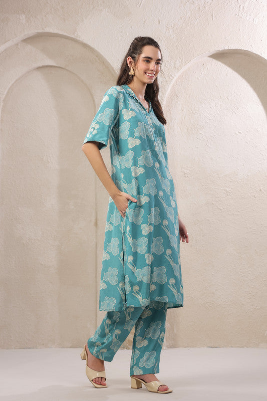 Frosted Petals Blue Russian Silk Co-ord Set