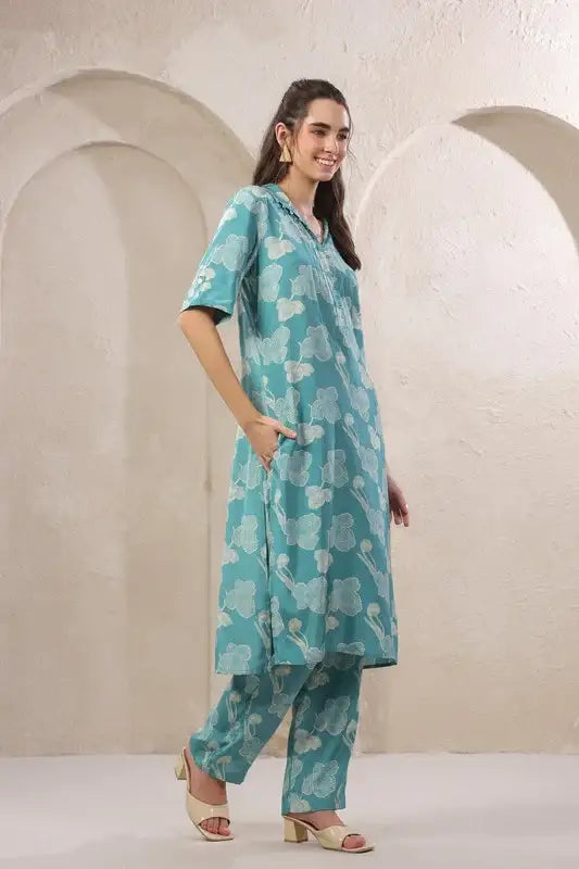 Frosted Petals Blue Russian Silk Co-ord Set