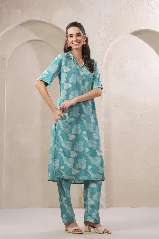 Frosted Petals Blue Russian Silk Co-ord Set