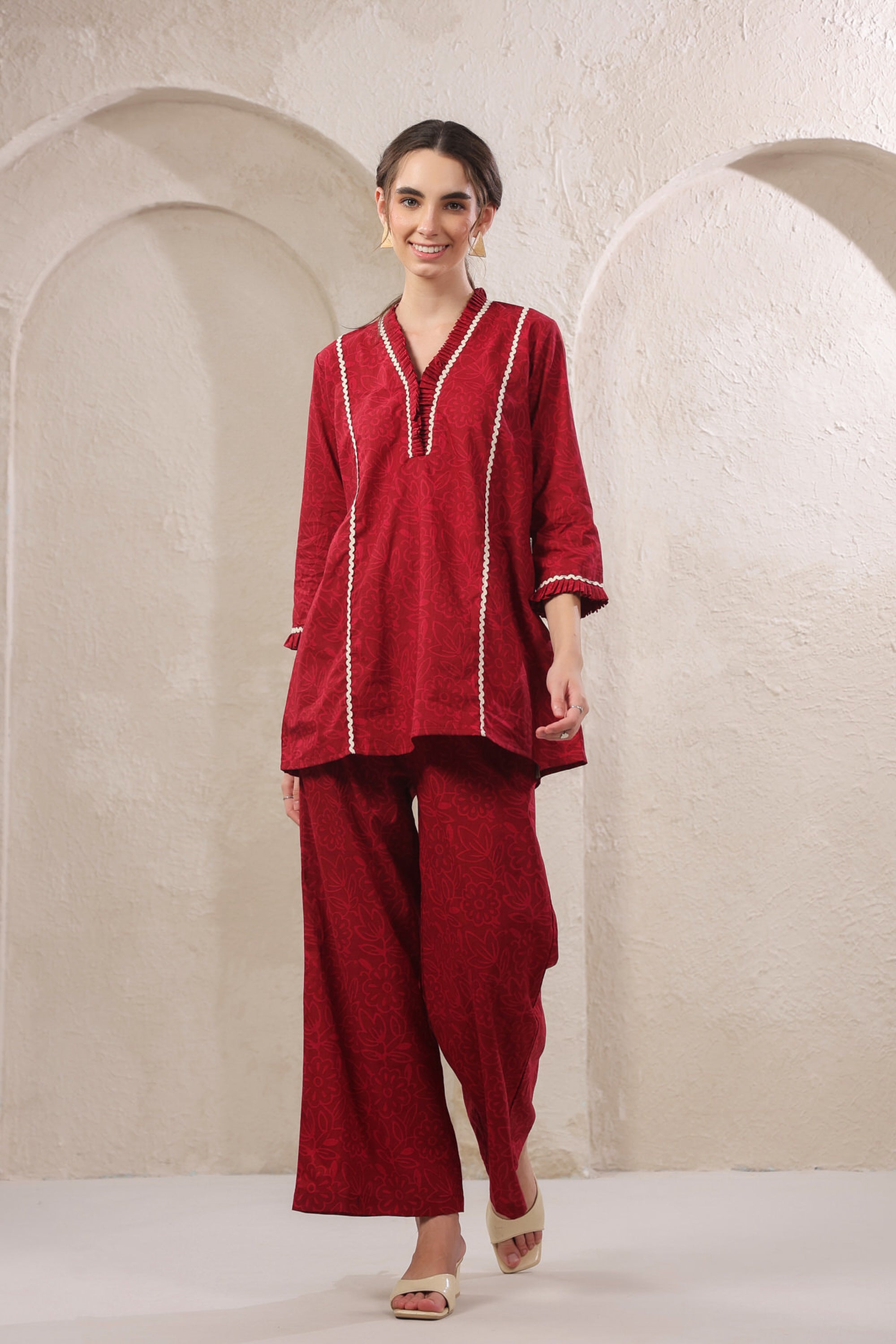 Crimson Lace Cotton Red Co-ord Set