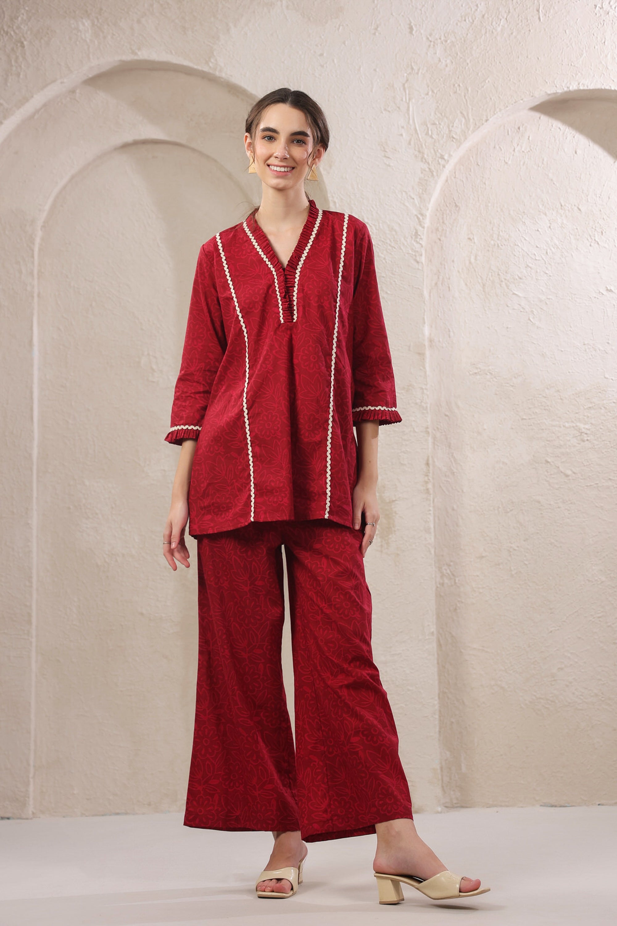 Crimson Lace Cotton Red Co-ord Set