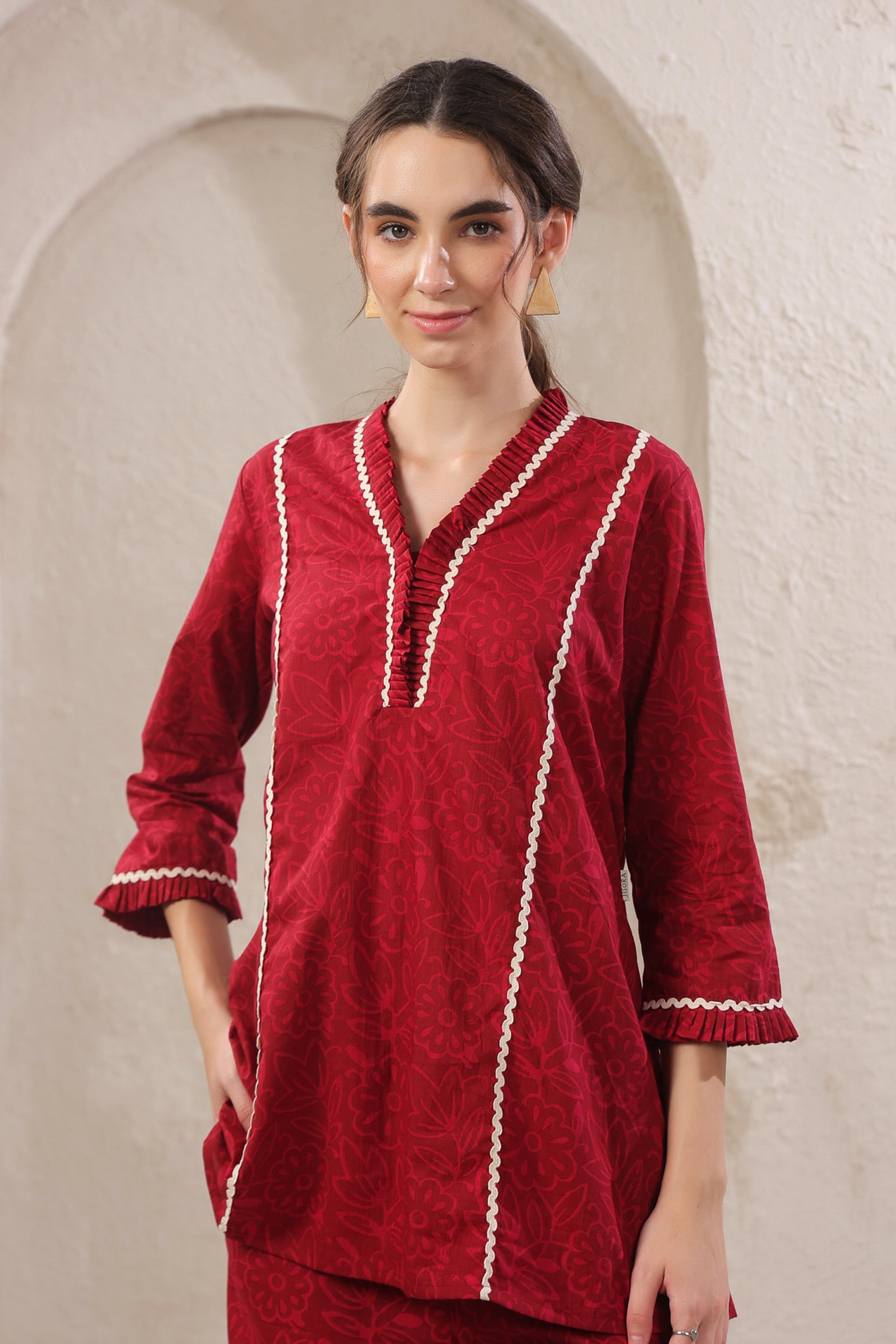 Crimson Lace Cotton Red Co-ord Set