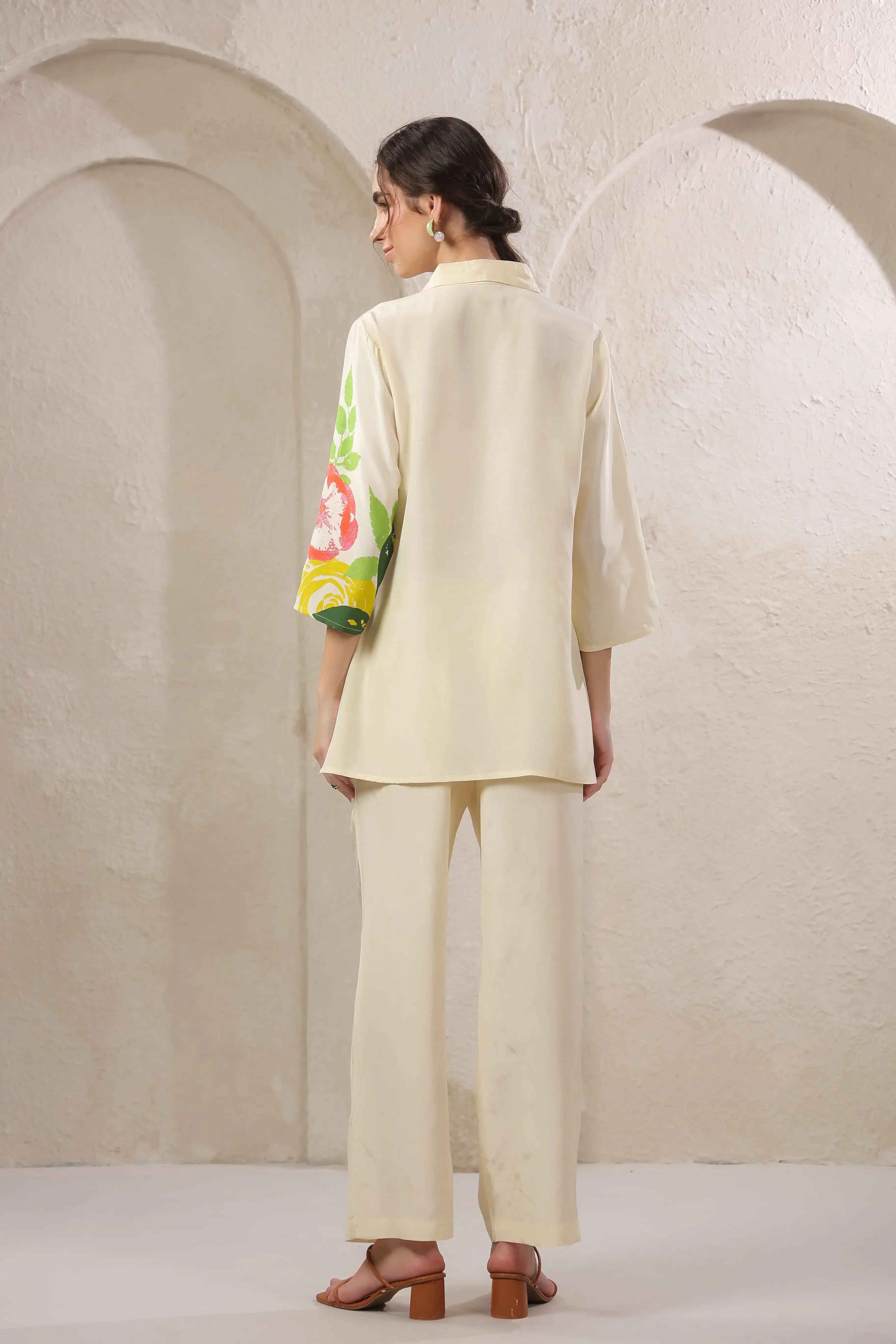 Beige Mosaic Floral Russian Silk Co-ord Set