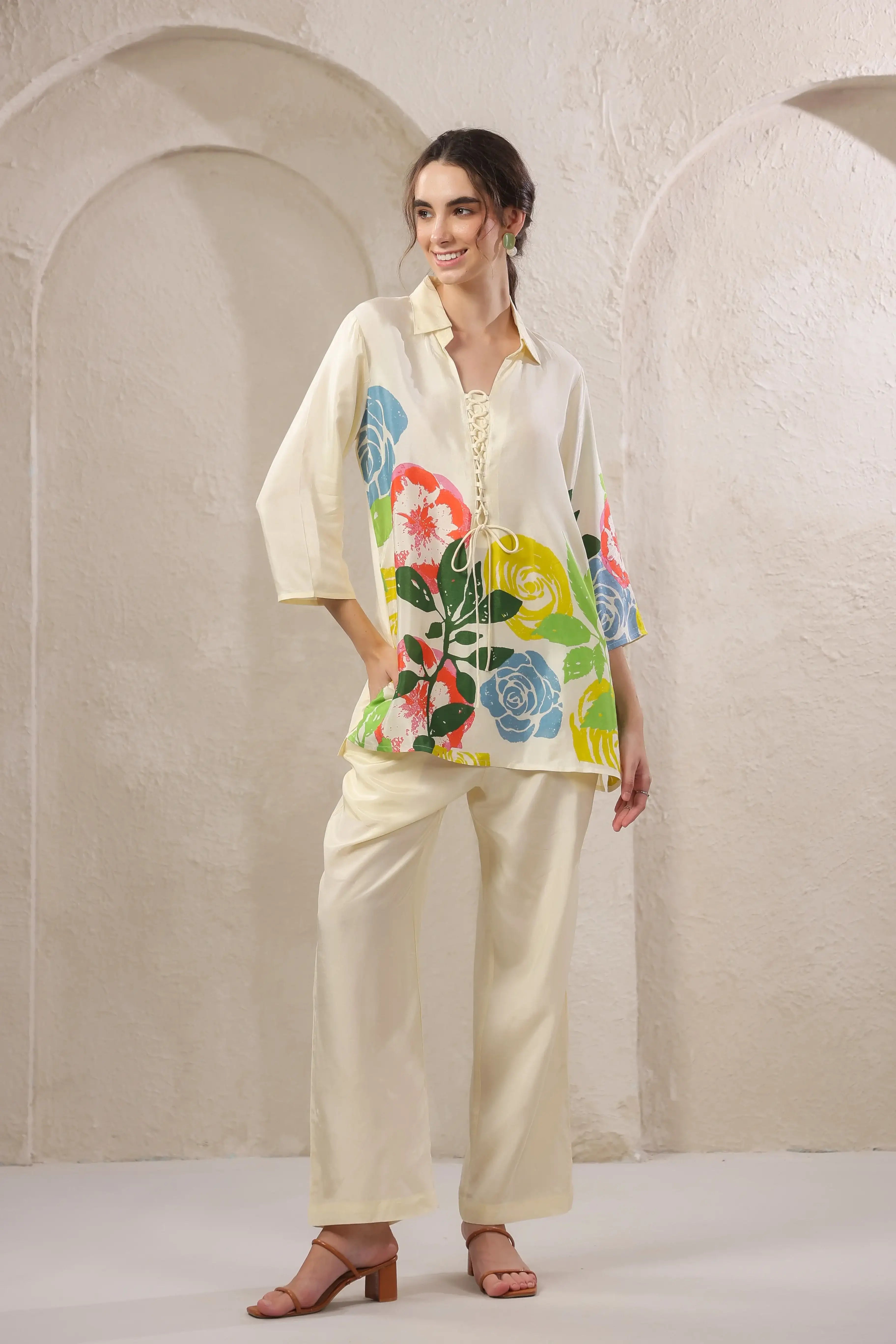 Beige Mosaic Floral Russian Silk Co-ord Set