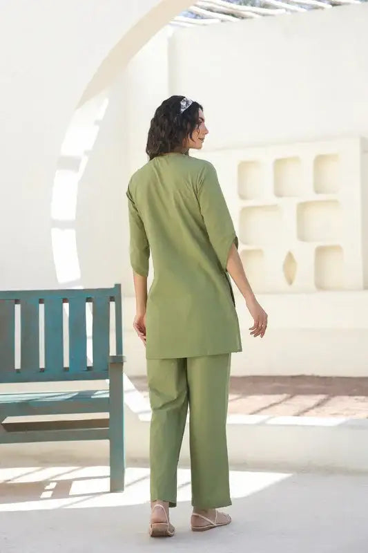 Olive Bloom Schiffli Cotton Co-ord Set