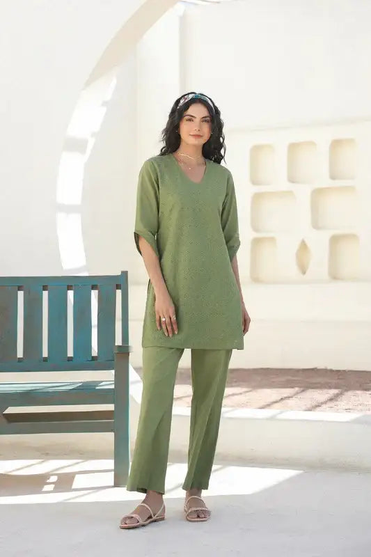 Olive Bloom Schiffli Cotton Co-ord Set