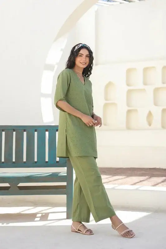 Olive Bloom Schiffli Cotton Co-ord Set