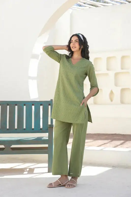 Olive Bloom Schiffli Cotton Co-ord Set