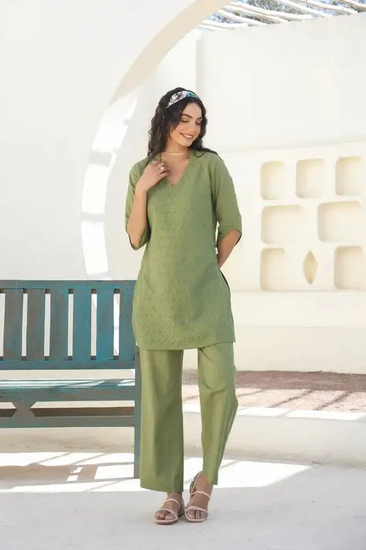 Olive Bloom Schiffli Cotton Co-ord Set