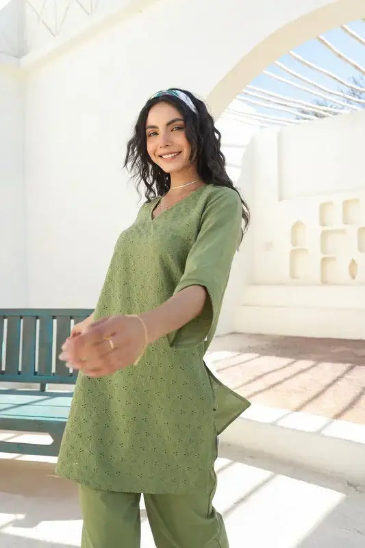 Olive Bloom Schiffli Cotton Co-ord Set