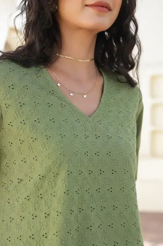 Olive Bloom Schiffli Cotton Co-ord Set