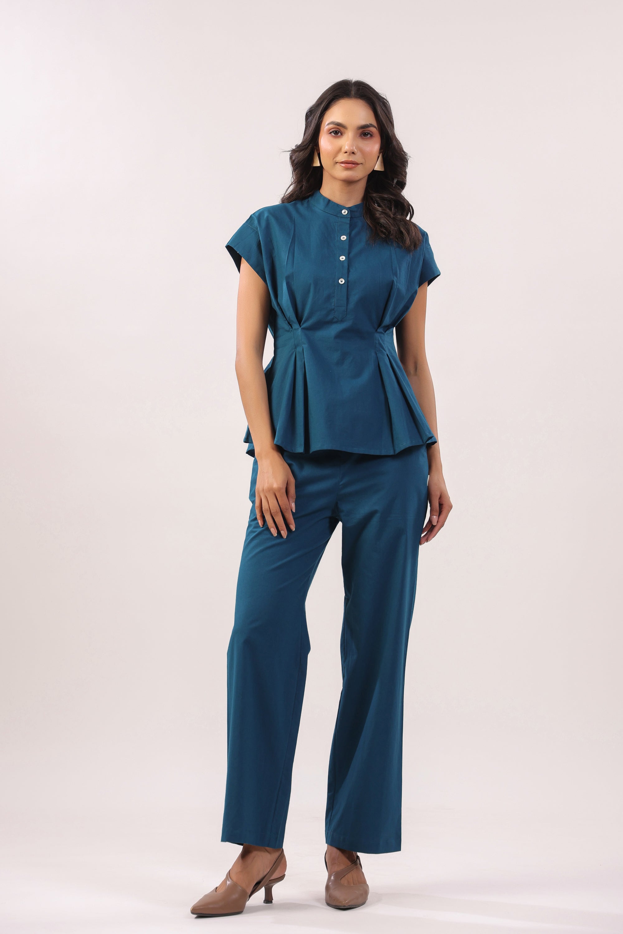 Blue Grace Solid Peplum Poplin Co-ord Set
