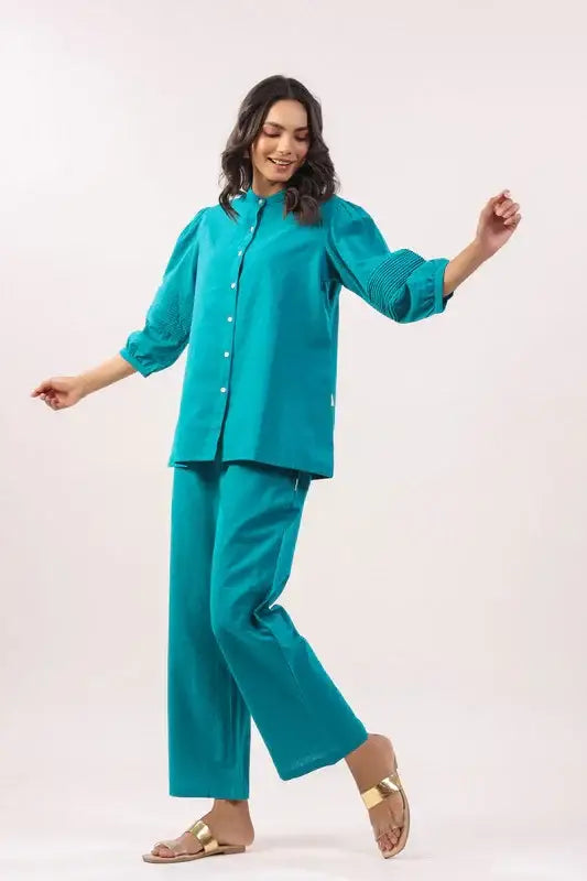 Turquoise Solid Elegance Cotton Flex Co-ord Set