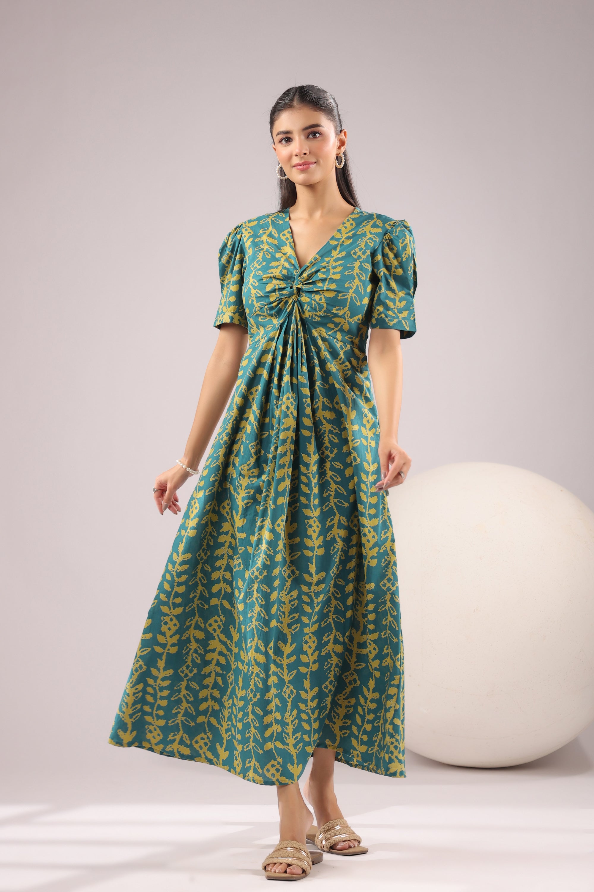 Teal Vine Printed Cotton Dress