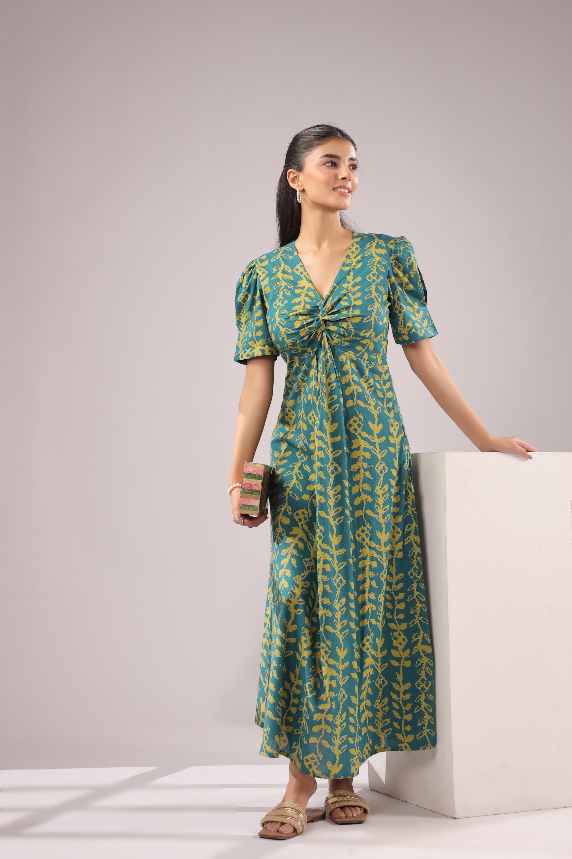 Teal Vine Printed Cotton Dress