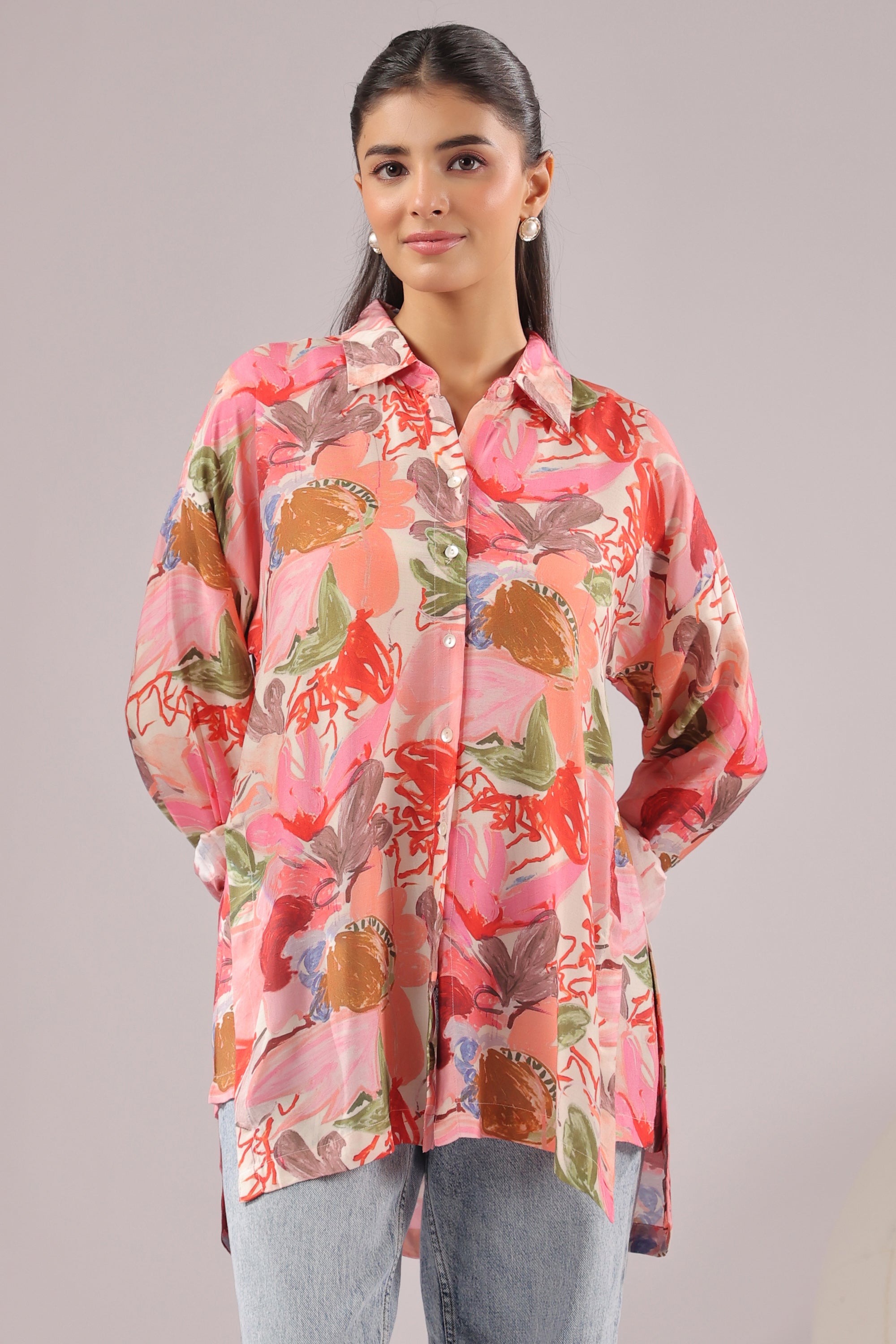 Tropical Blush Printed Muslin Silk Shirt