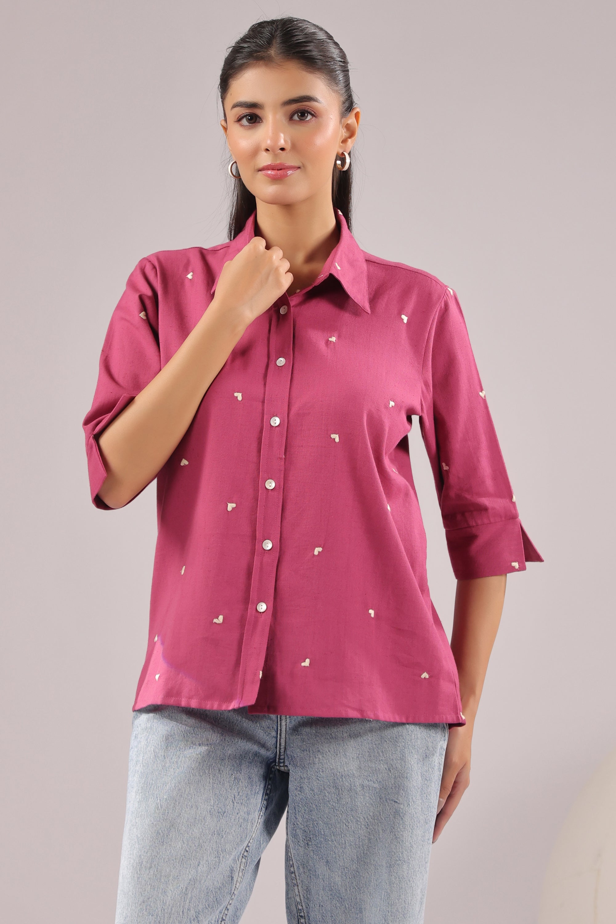 Berry Dot Embroidered Cotton Flex Shirt