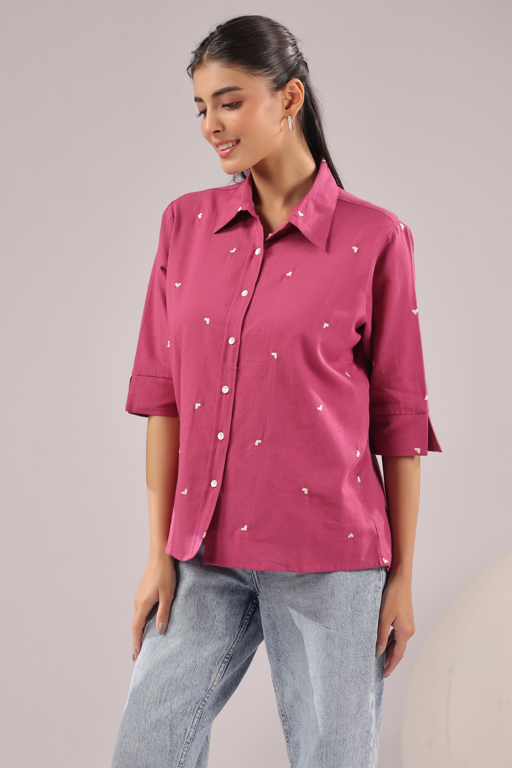 Berry Dot Embroidered Cotton Flex Shirt