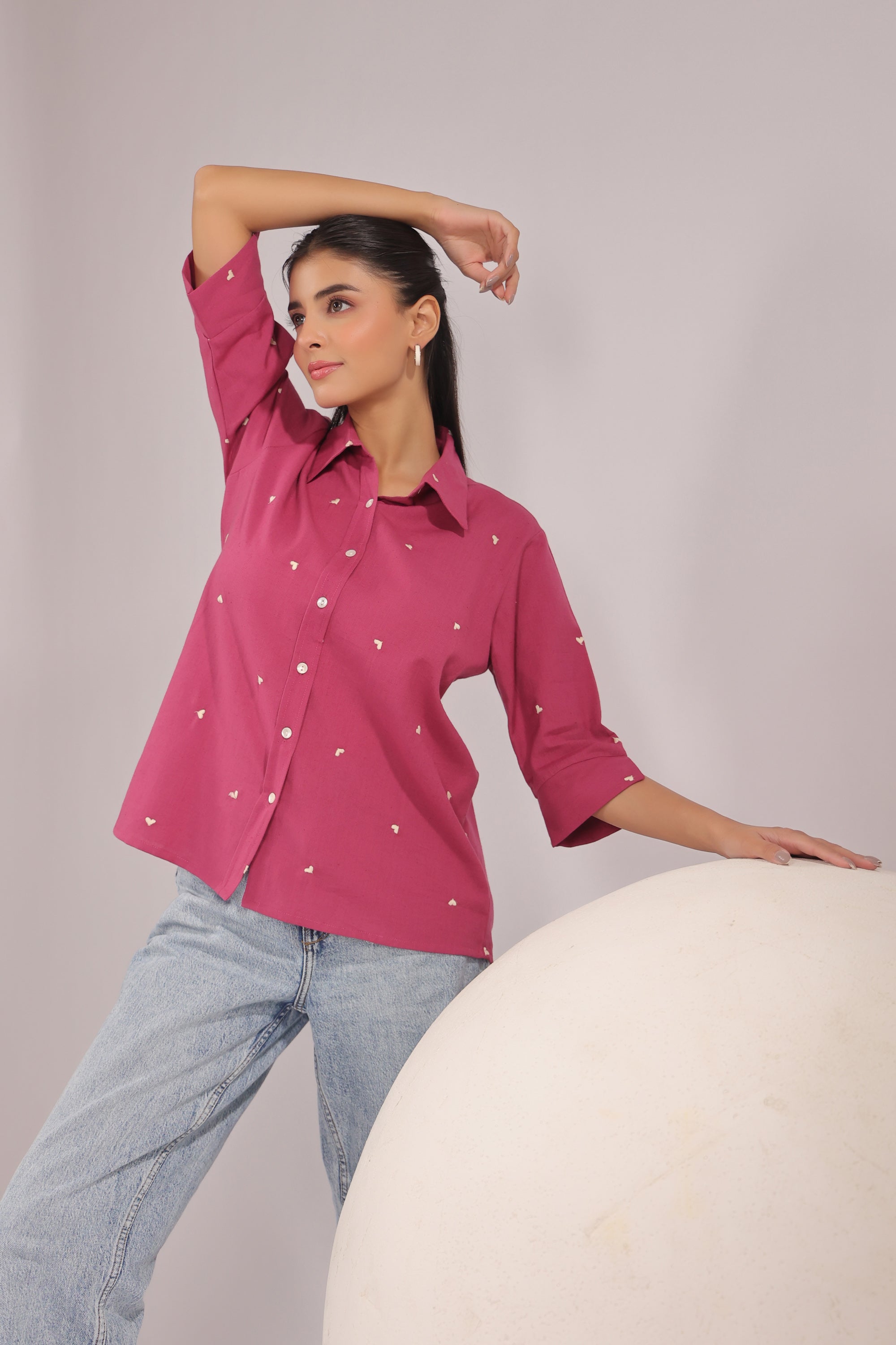 Berry Dot Embroidered Cotton Flex Shirt