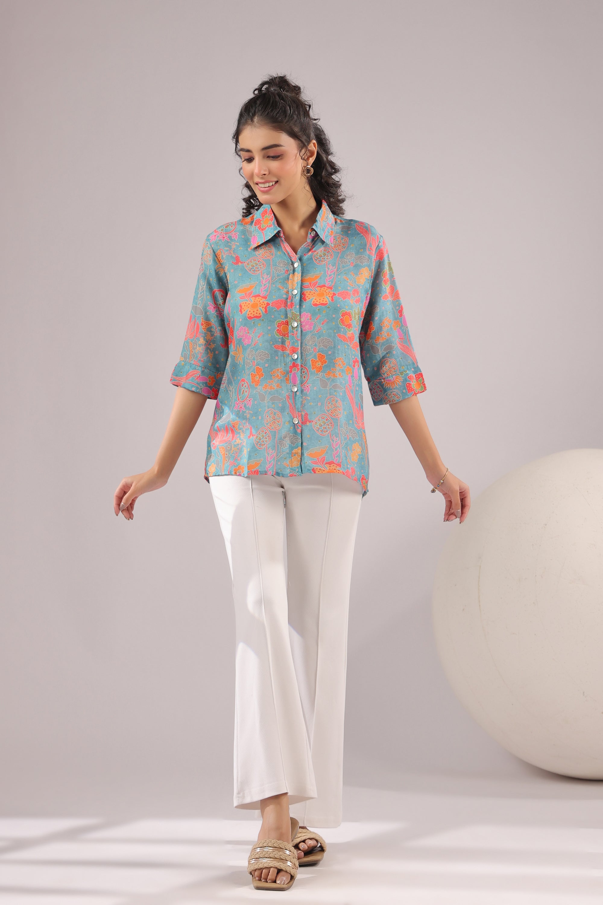 Azure Meadow Printed Muslin Silk Shirt