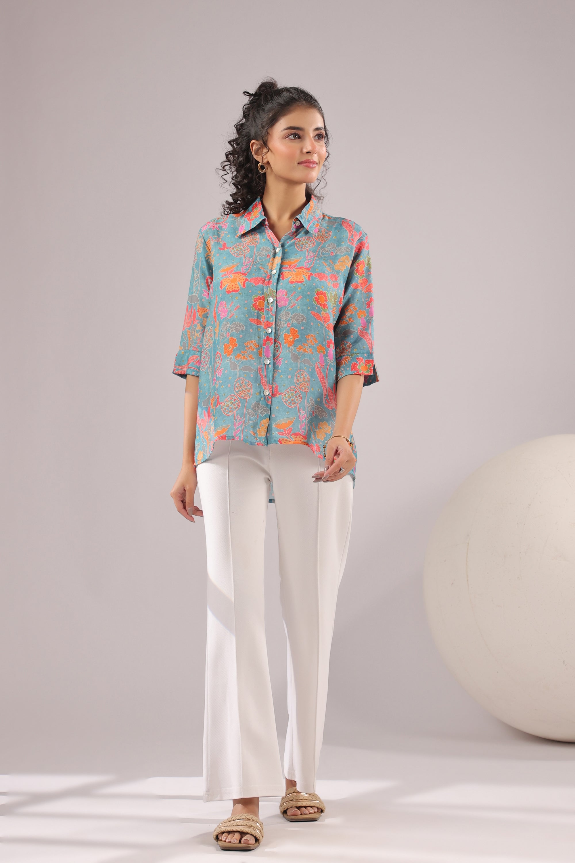Azure Meadow Printed Muslin Silk Shirt