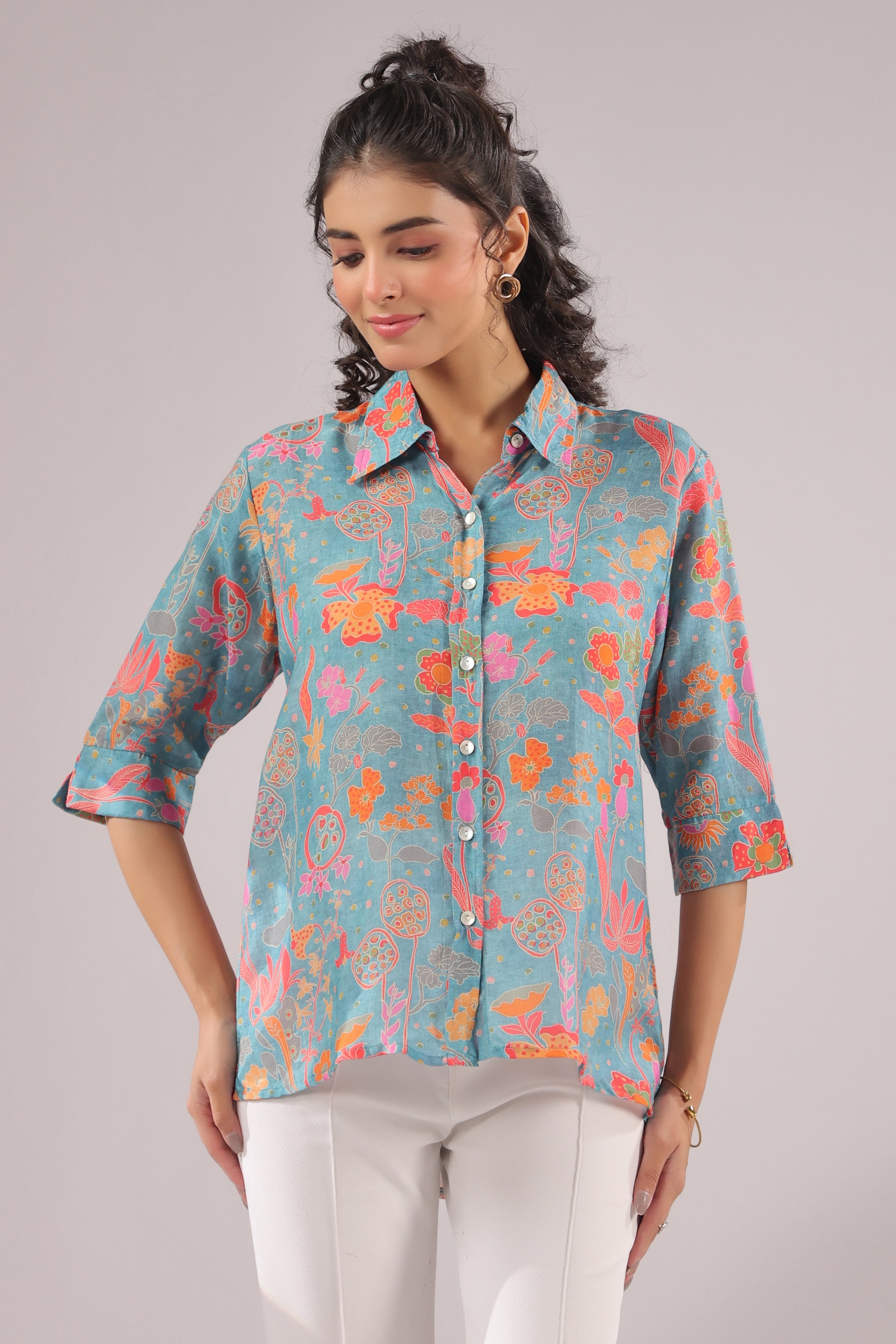 Azure Meadow Printed Muslin Silk Shirt