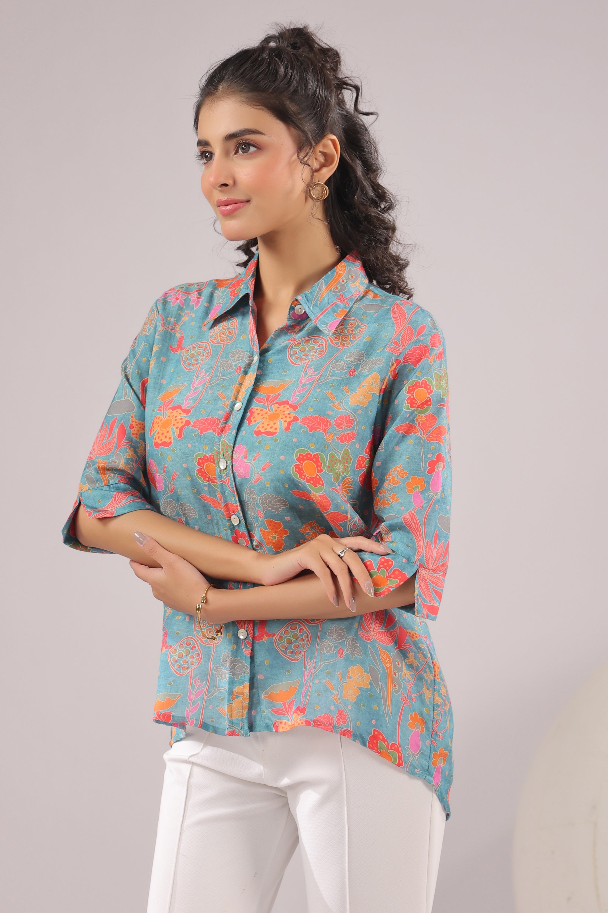 Azure Meadow Printed Muslin Silk Shirt