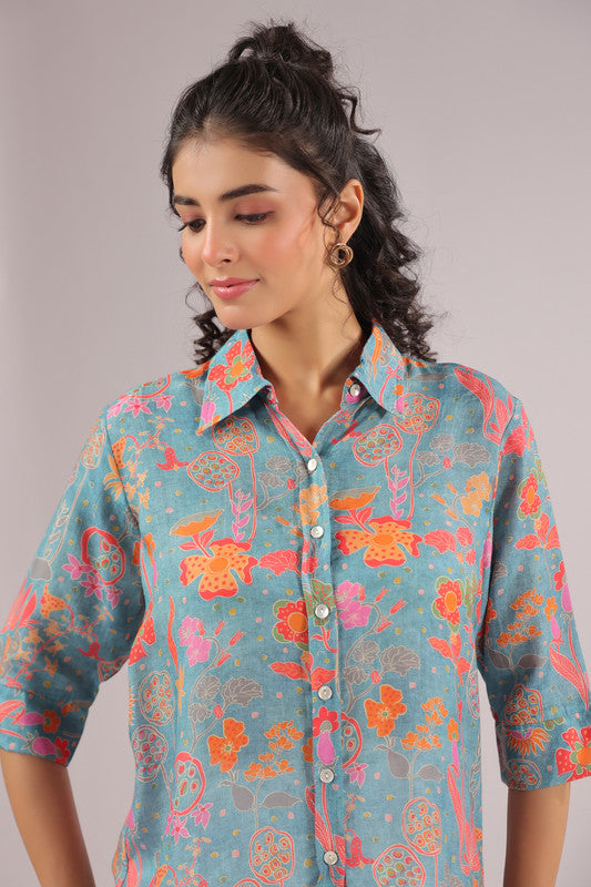 Azure Meadow Printed Muslin Silk Shirt