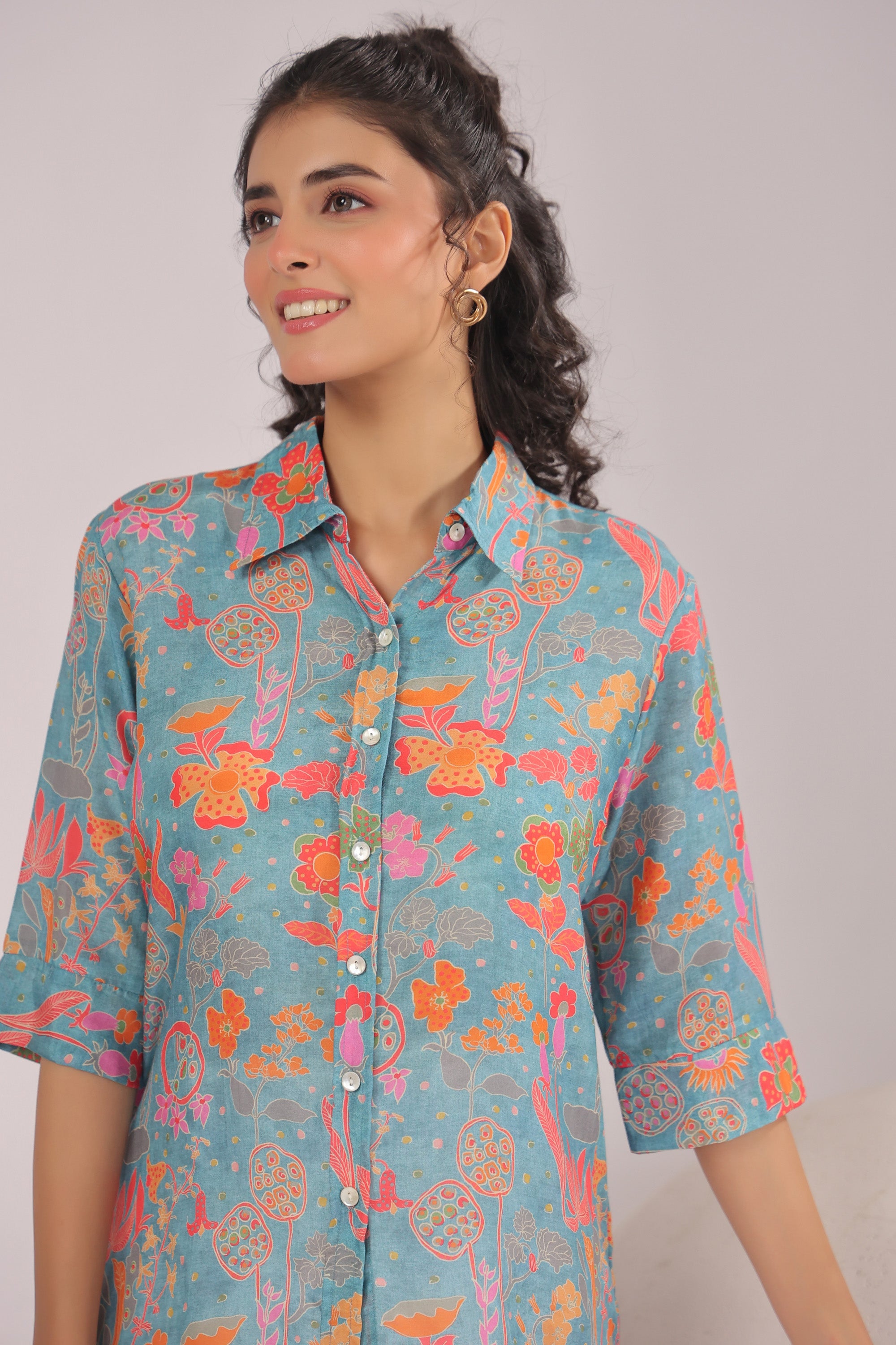 Azure Meadow Printed Muslin Silk Shirt