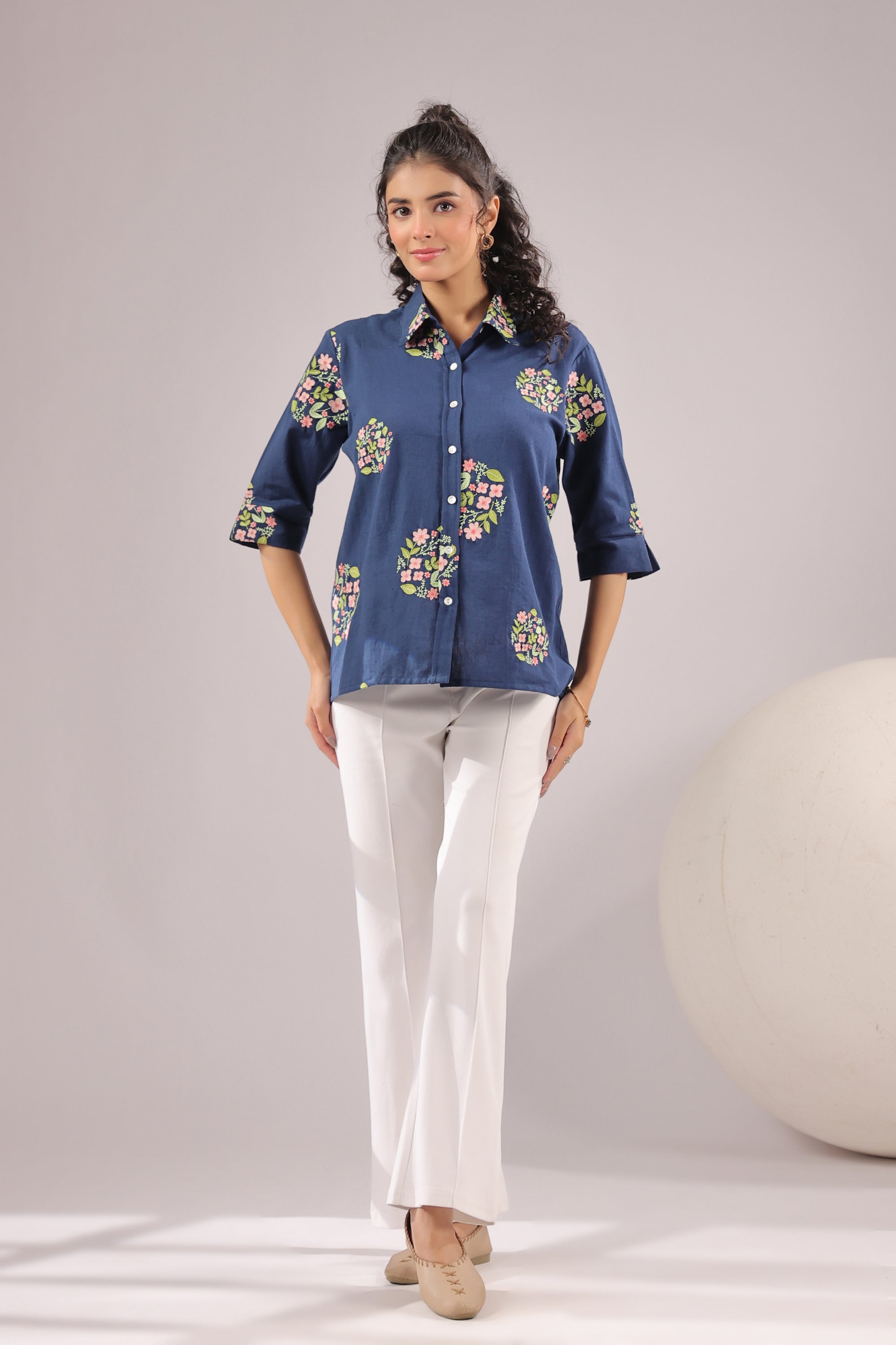 Navy Petal Embroidered Cotton Flex Shirt