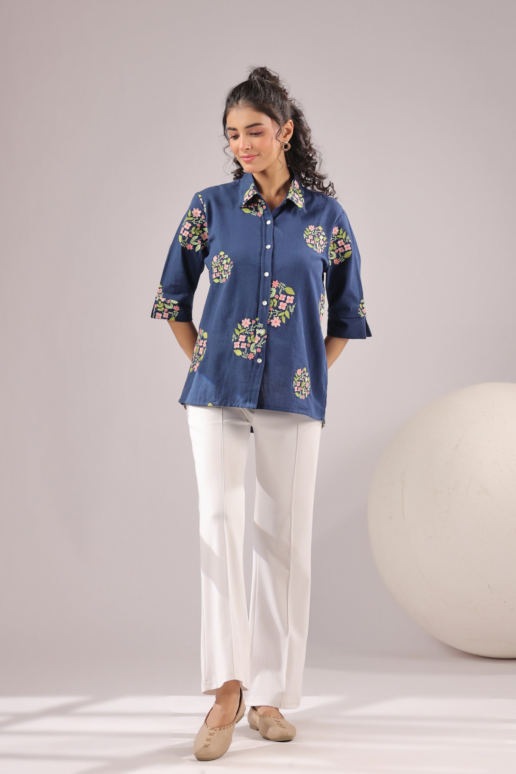 Navy Petal Embroidered Cotton Flex Shirt