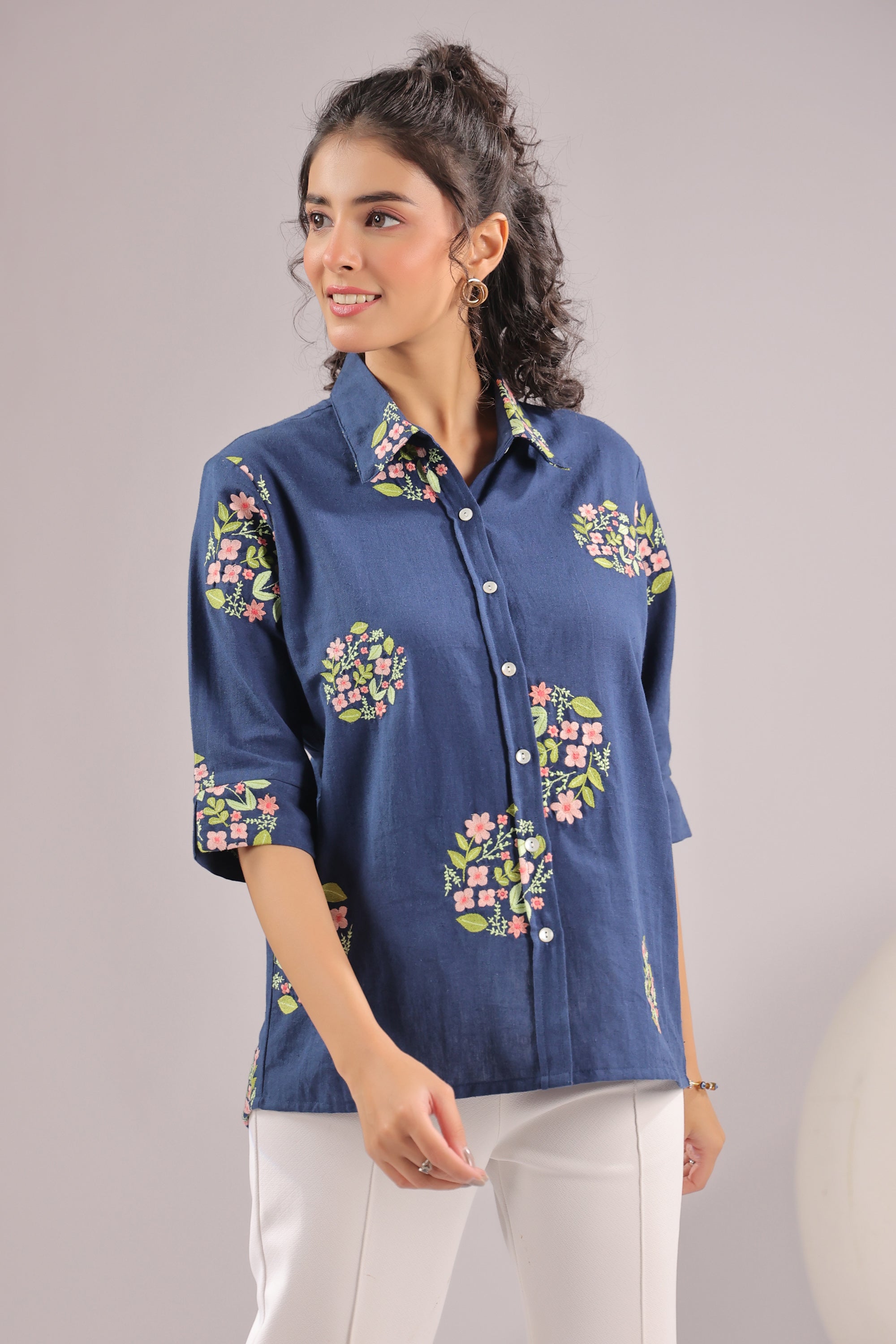 Navy Petal Embroidered Cotton Flex Shirt