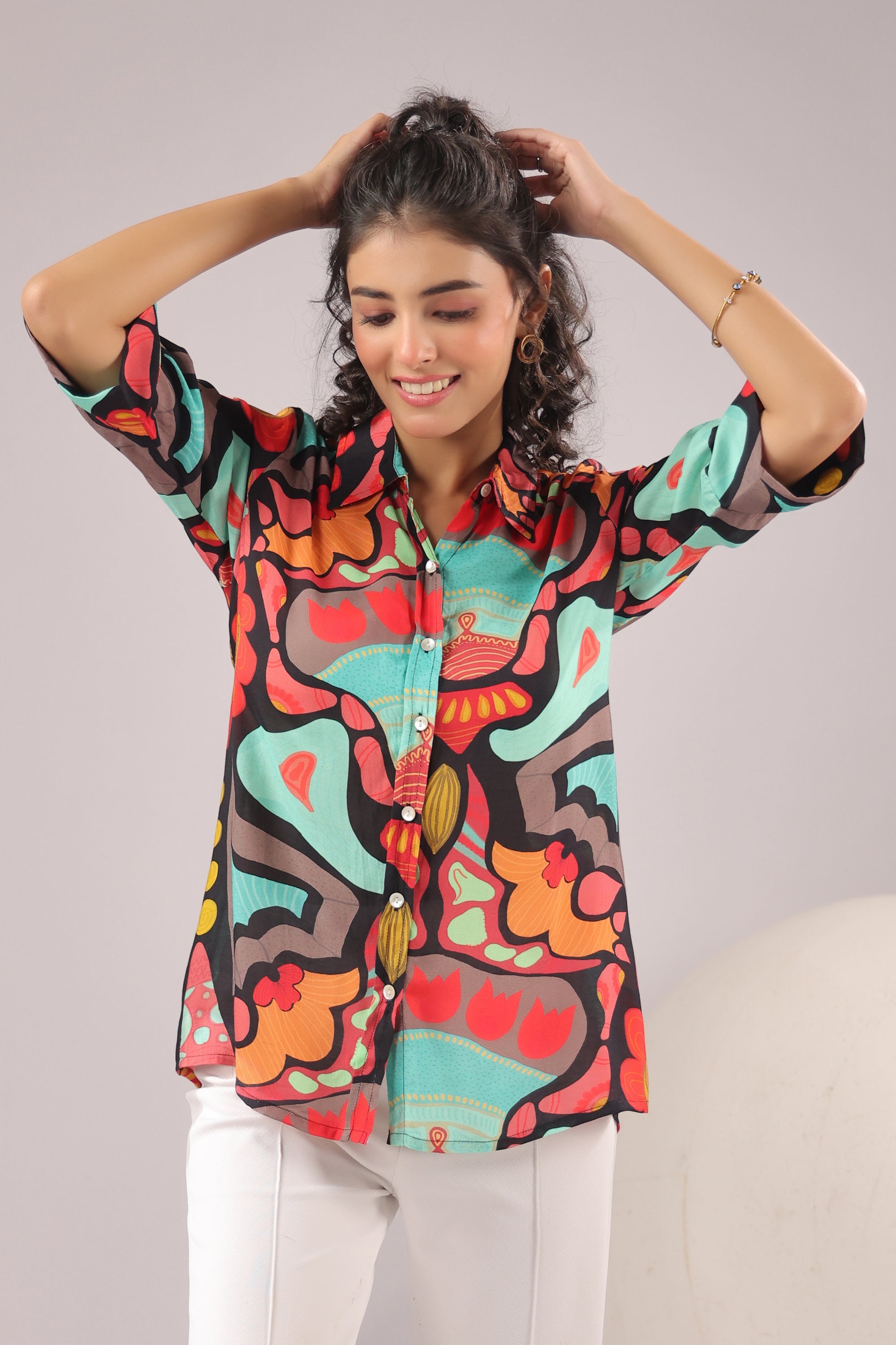 Retro Wave Printed Muslin Silk Shirt
