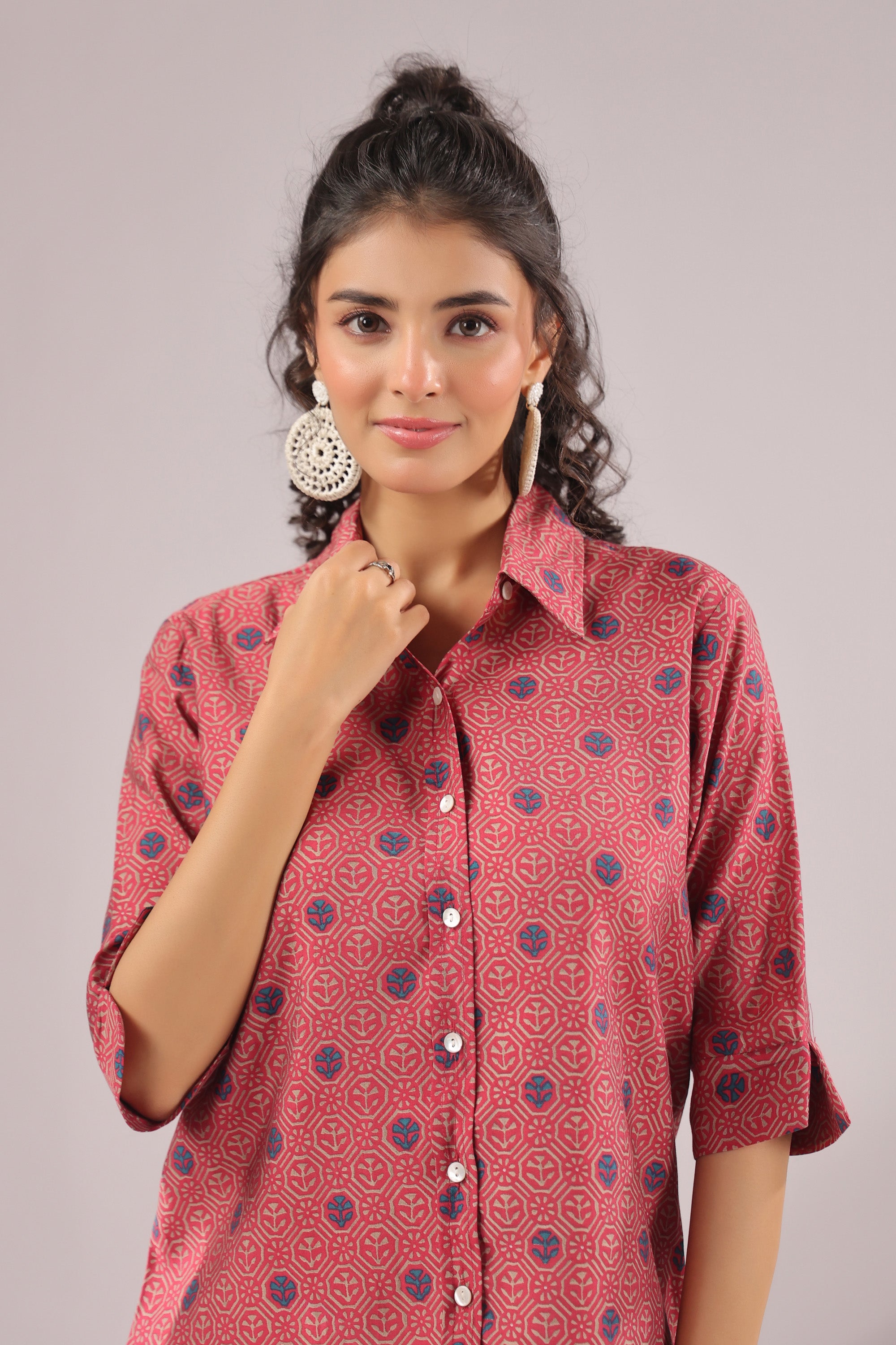 Crimson Spiral Printed Muslin Silk Shirt