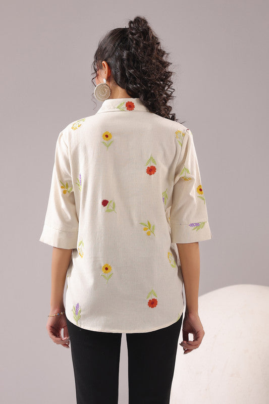 Ivory Meadow Embroidered Cotton Flex Shirt