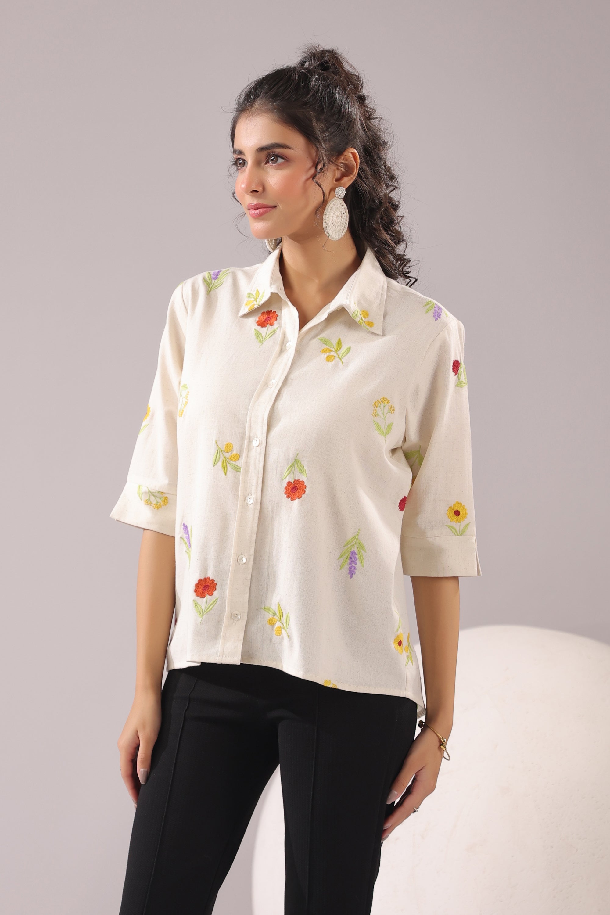 Ivory Meadow Embroidered Cotton Flex Shirt