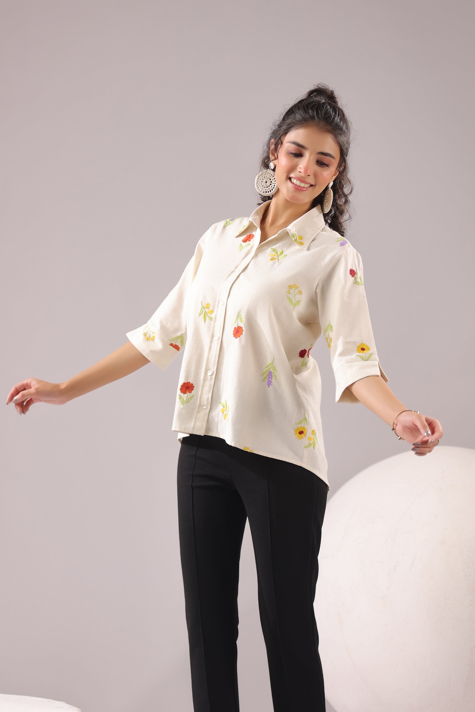 Ivory Meadow Embroidered Cotton Flex Shirt