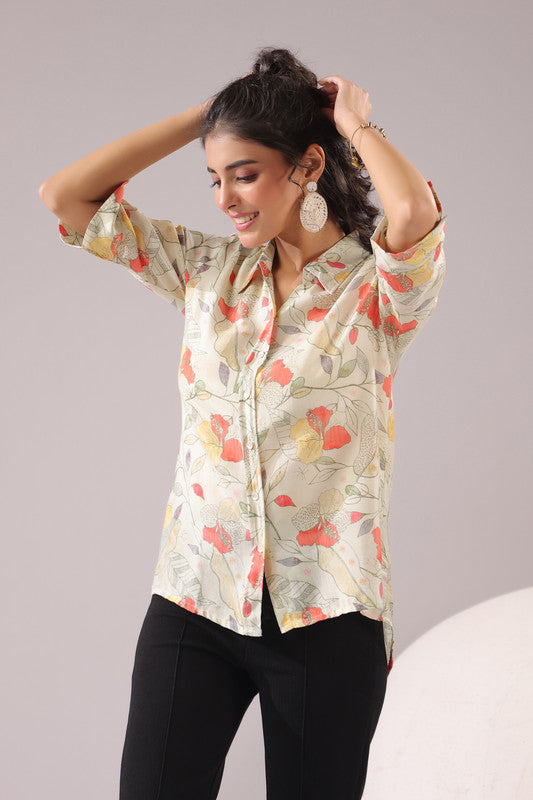 Floral Breeze Beige Printed Muslin Silk Shirt