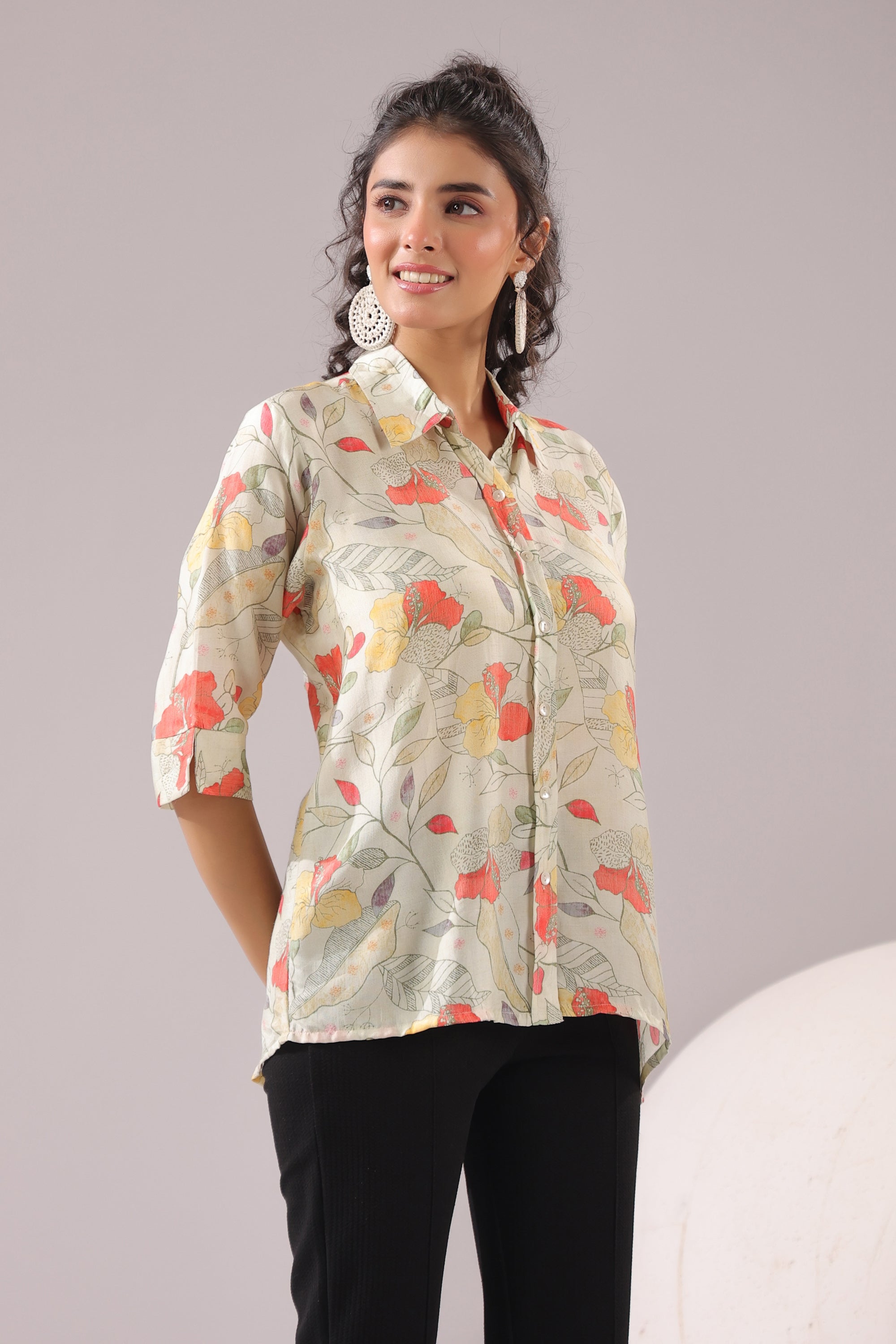 Floral Breeze Beige Printed Muslin Silk Shirt