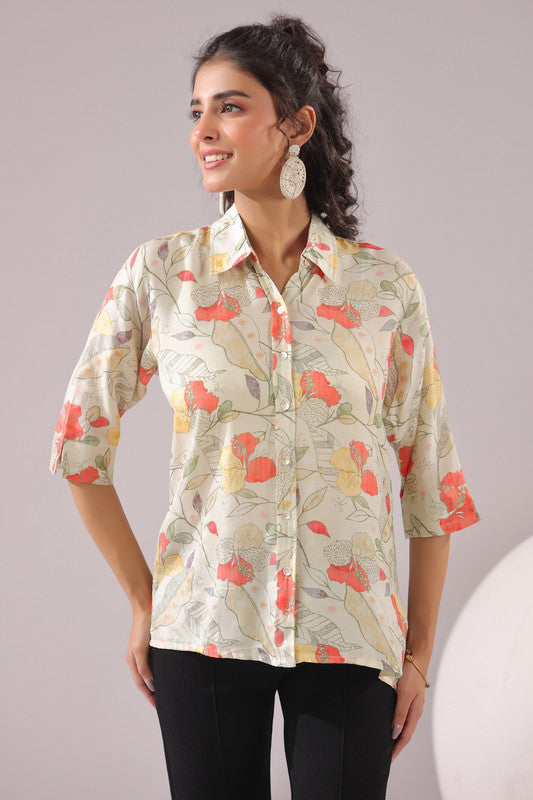 Floral Breeze Beige Printed Muslin Silk Shirt