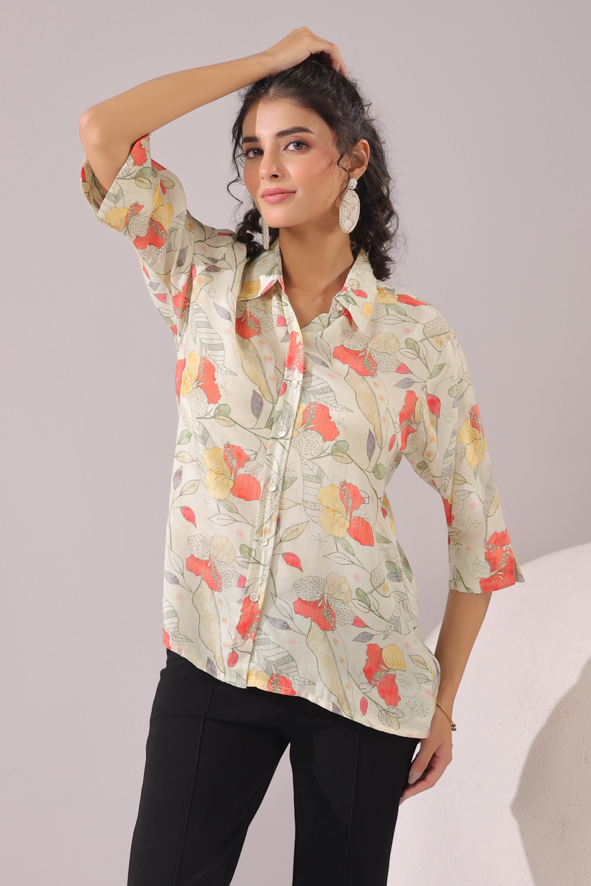 Floral Breeze Beige Printed Muslin Silk Shirt