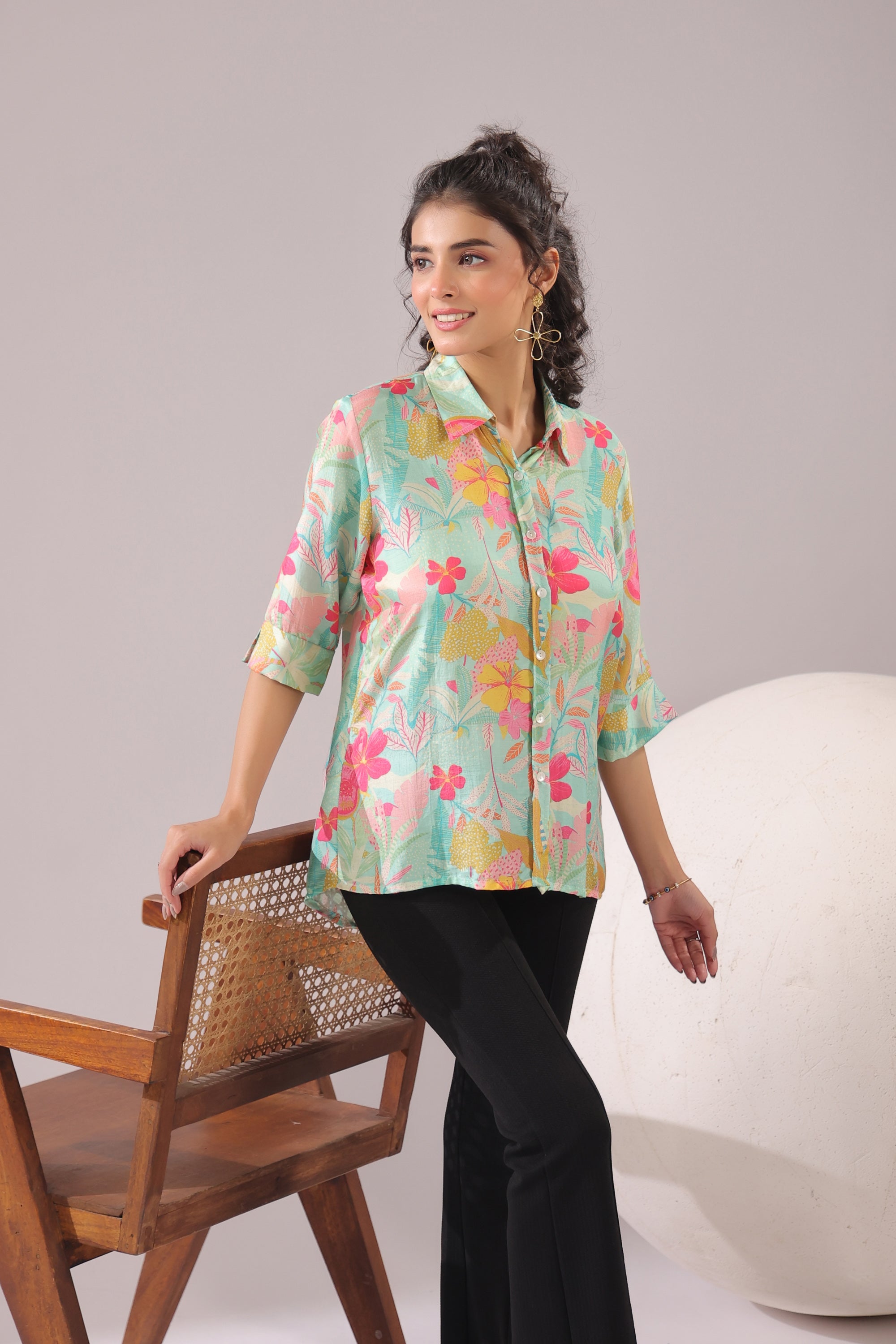 Blossom Sketch Printed Muslin Silk Shirt