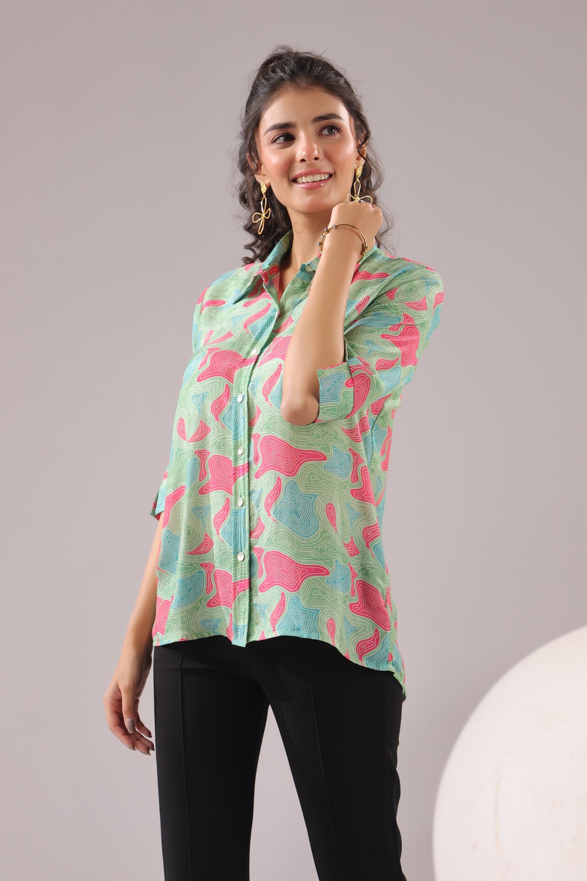 Mint Maze Printed Muslin Silk Shirt
