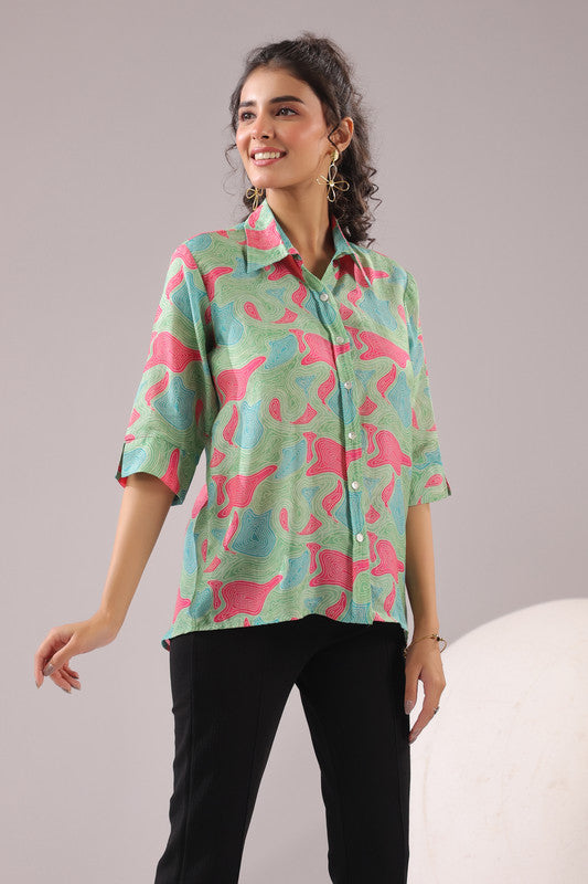 Mint Maze Printed Muslin Silk Shirt