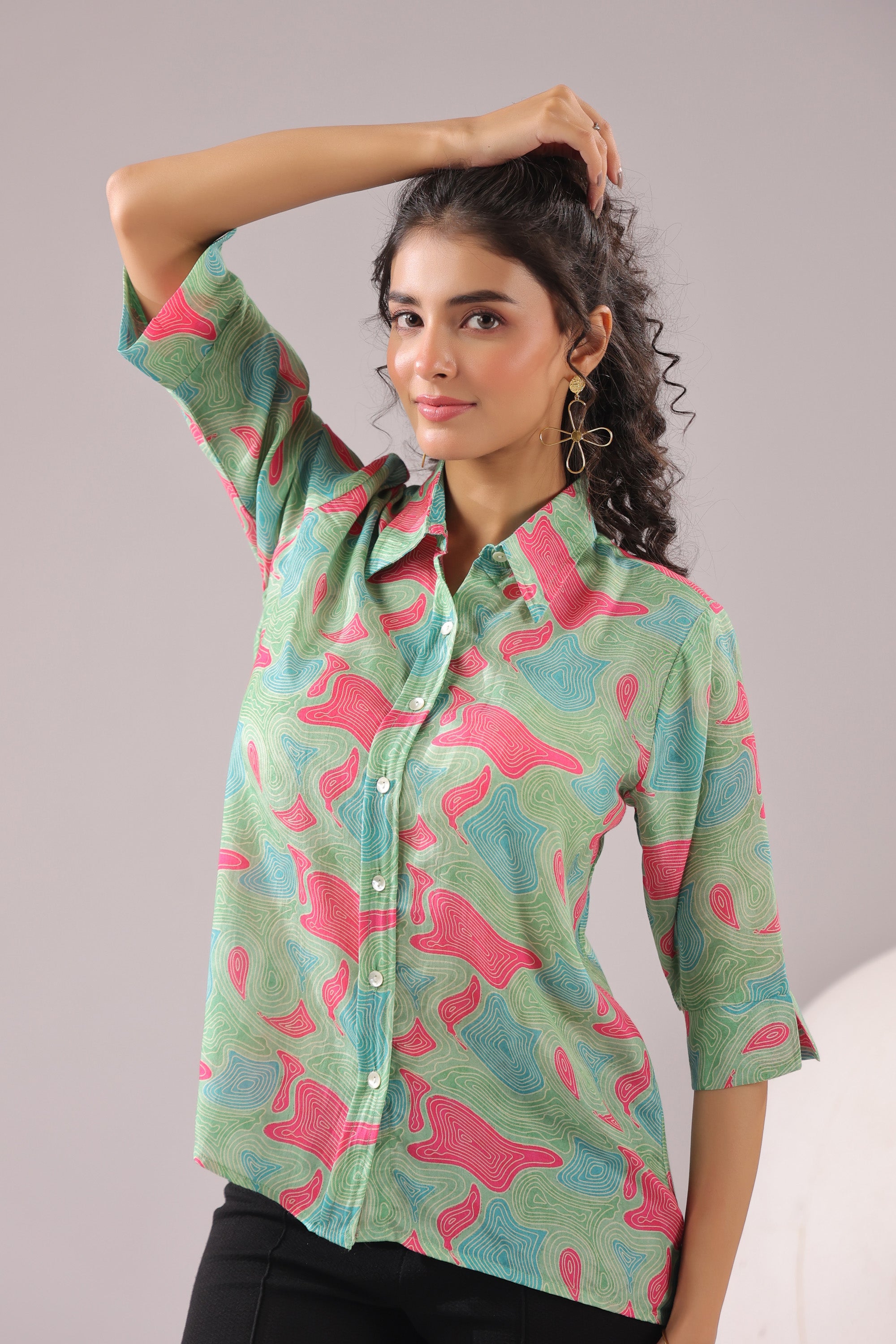 Mint Maze Printed Muslin Silk Shirt