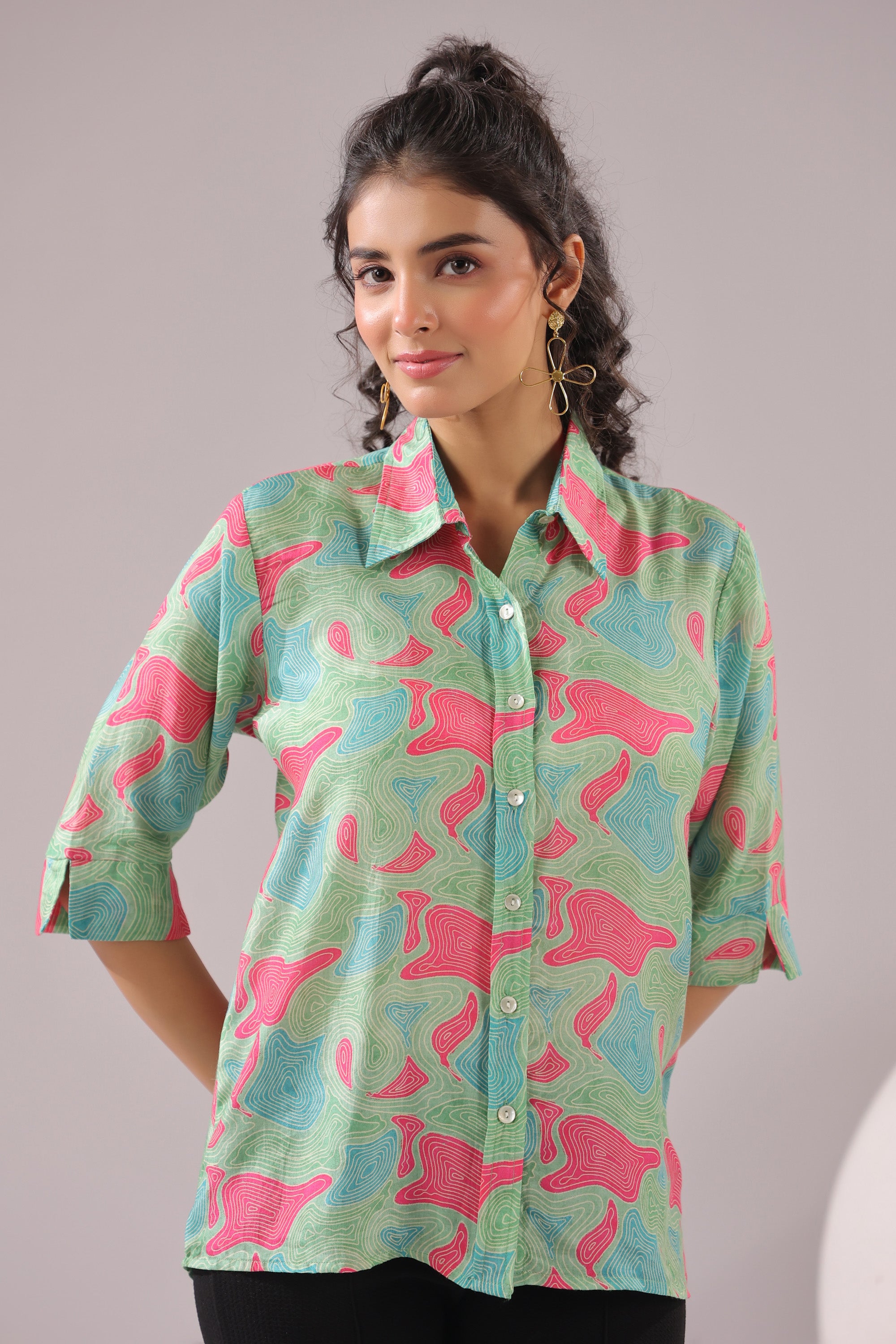 Mint Maze Printed Muslin Silk Shirt