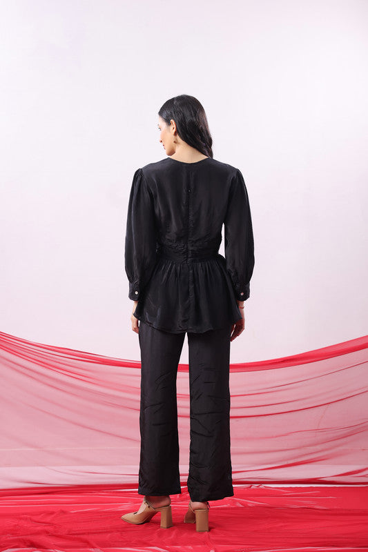 Black Solid Ruched Front Knot Detail Co-ord Set